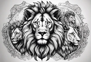 Lion with ram horns and 3 cubs tattoo idea
