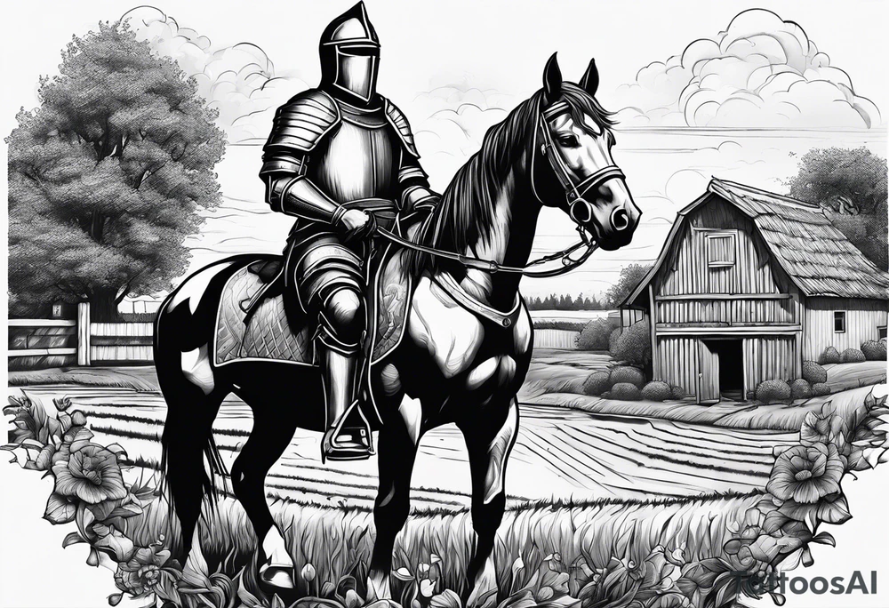 a knight kneeling with an old farm in the background and horses in the netherlands and a swimmingpool tattoo idea