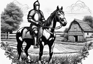 a knight kneeling with an old farm in the background and horses in the netherlands and a swimmingpool tattoo idea