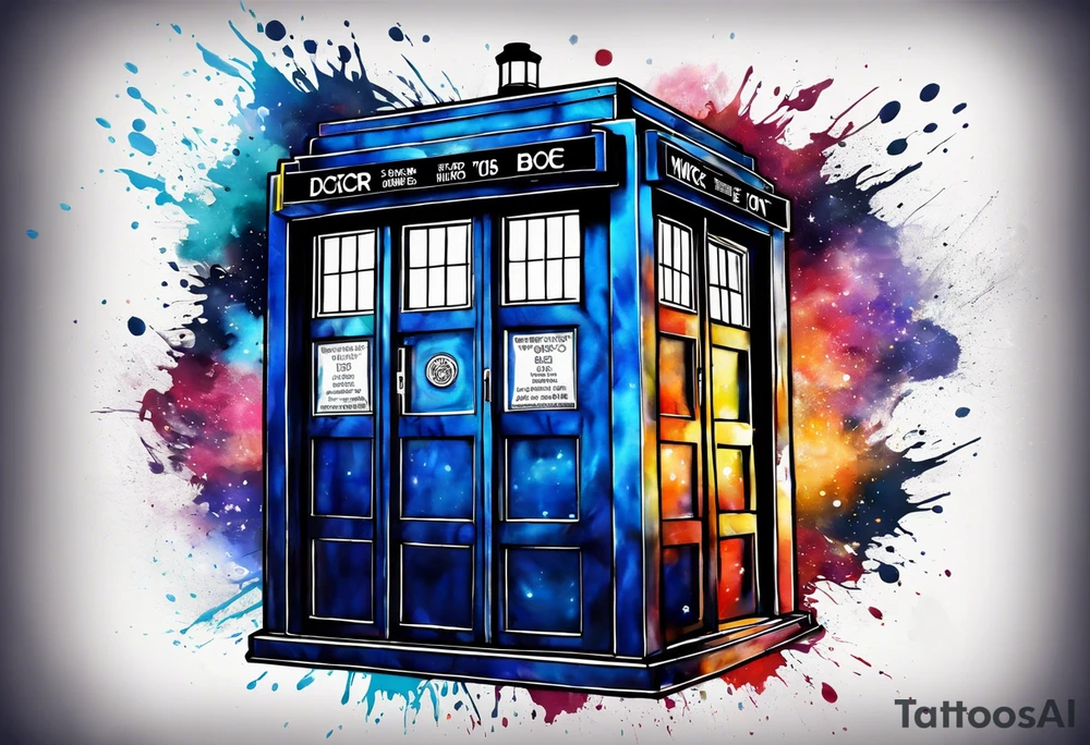 Doctor who tardis with splashes of color coming out from around the TARDIS tattoo idea