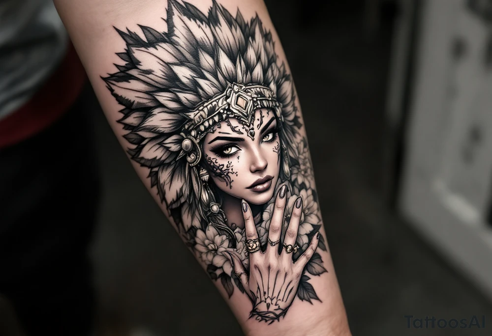 powerful beautiful women warrior with jaguar headdress surrounded by flowers and with a guiding hand tattoo idea