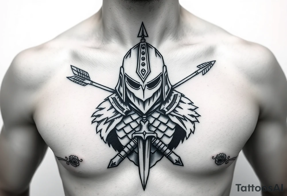 chest japan theme knight with arrow tattoo idea