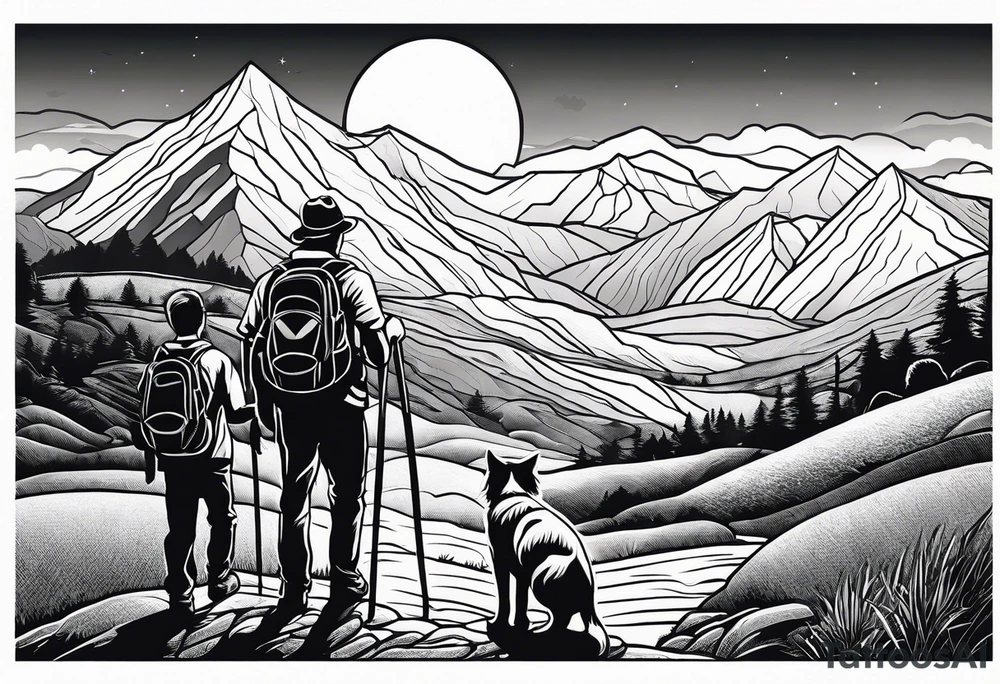 nature, sunset, mountains, a father and son hiking with their dog and cat and a cross tattoo idea