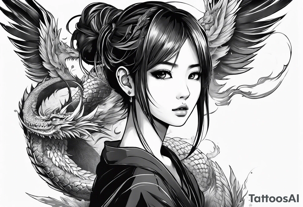 a full shot of an anime girl seen from far, surrounded by asian dragon with wings tattoo idea