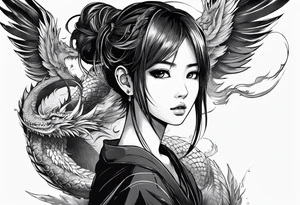 a full shot of an anime girl seen from far, surrounded by asian dragon with wings tattoo idea