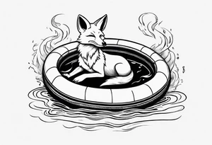 a tatto drawing black and white of a fox floating inside innertube in a pool smoking tattoo idea