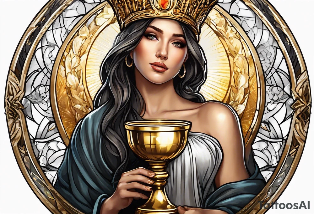 woman saint holding chalice surrounded by golden halo portrait tattoo idea