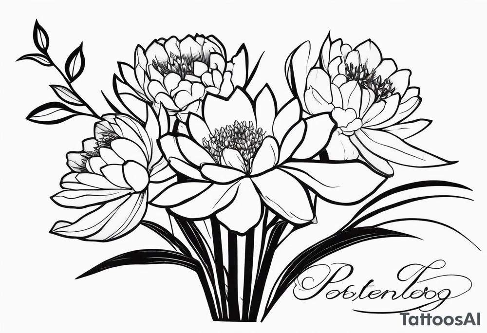 a flower bouquet with water lilies, peonies, and holly branches where the stems come together and say "resilience" in cursive and it is all tied together with a bow that says "september 1, 2009" tattoo idea