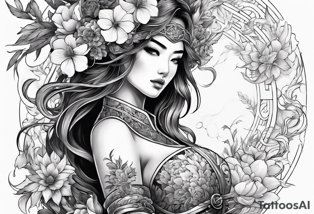 ornate beautiful woman warrior with weapon & floral surrounding tattoo tattoo idea