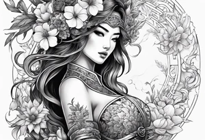 ornate beautiful woman warrior with weapon & floral surrounding tattoo tattoo idea