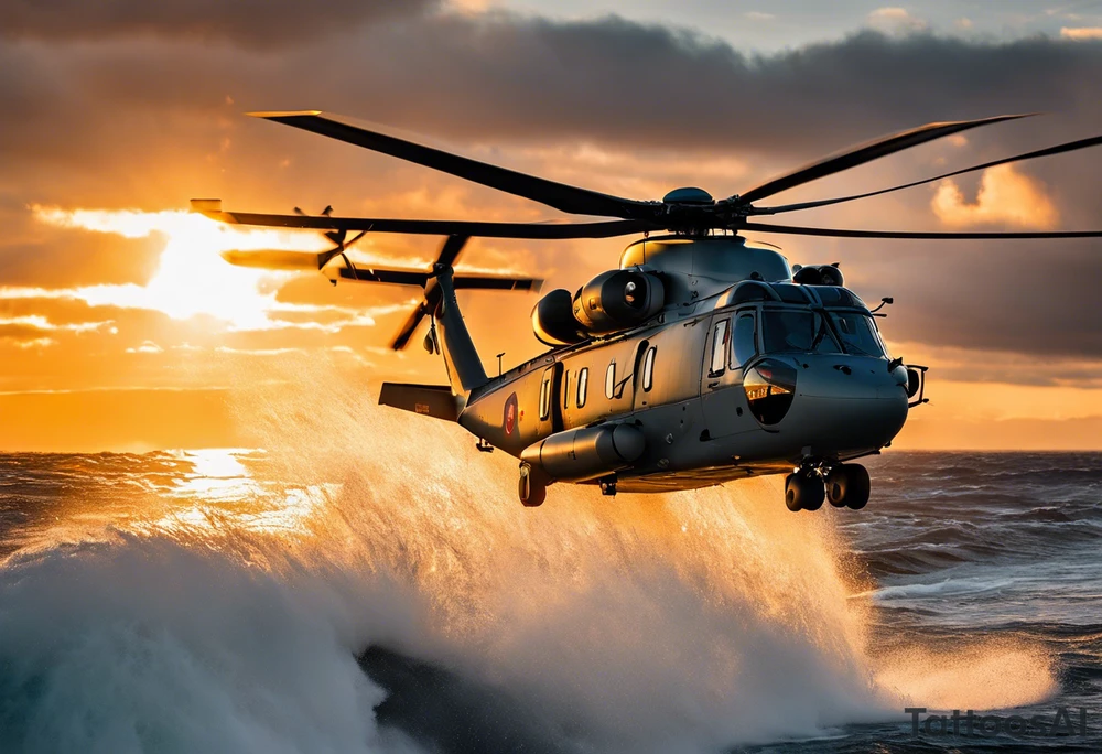 Canadian military grey CH-148 Cyclone helicopter soaring low over rough, ocean waves. The sun is setting, casting a dramatic glow on the scene with realistic clouds and a specular reflection of the helicopter on the water. The helicopter should be the main focus, with intricate details and a sense of motion. In the background, a poppy be prominently displayed tattoo idea