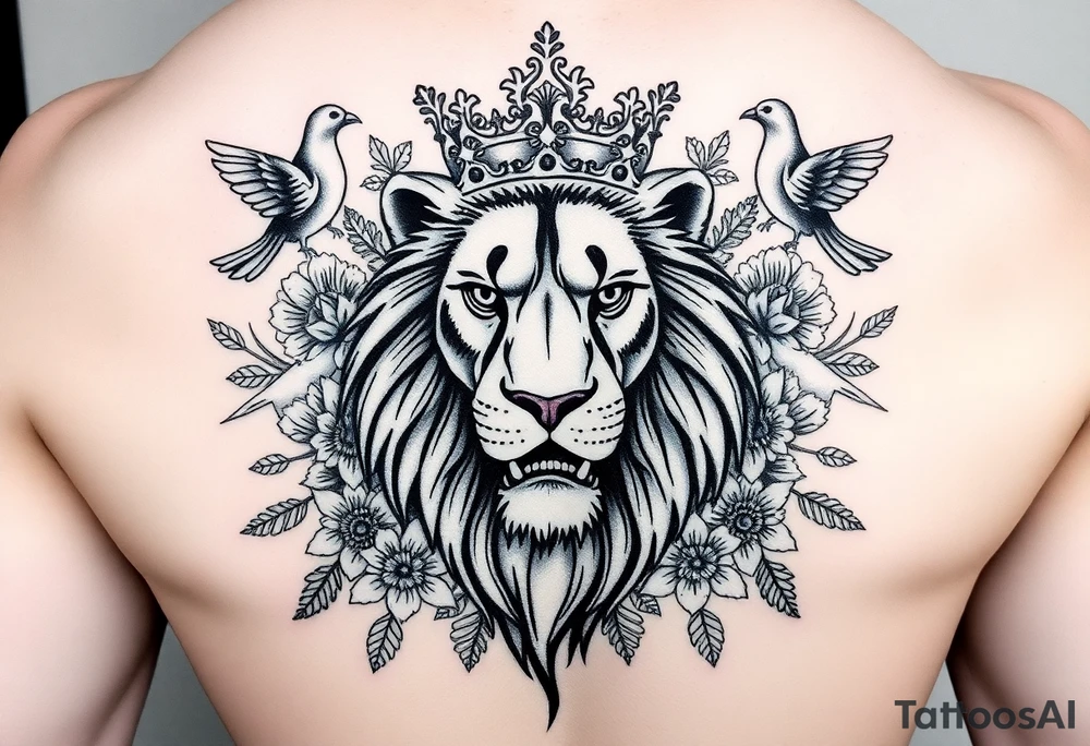 powerful majestic lion with a crown, surrounded by floral ornaments and birds tattoo idea