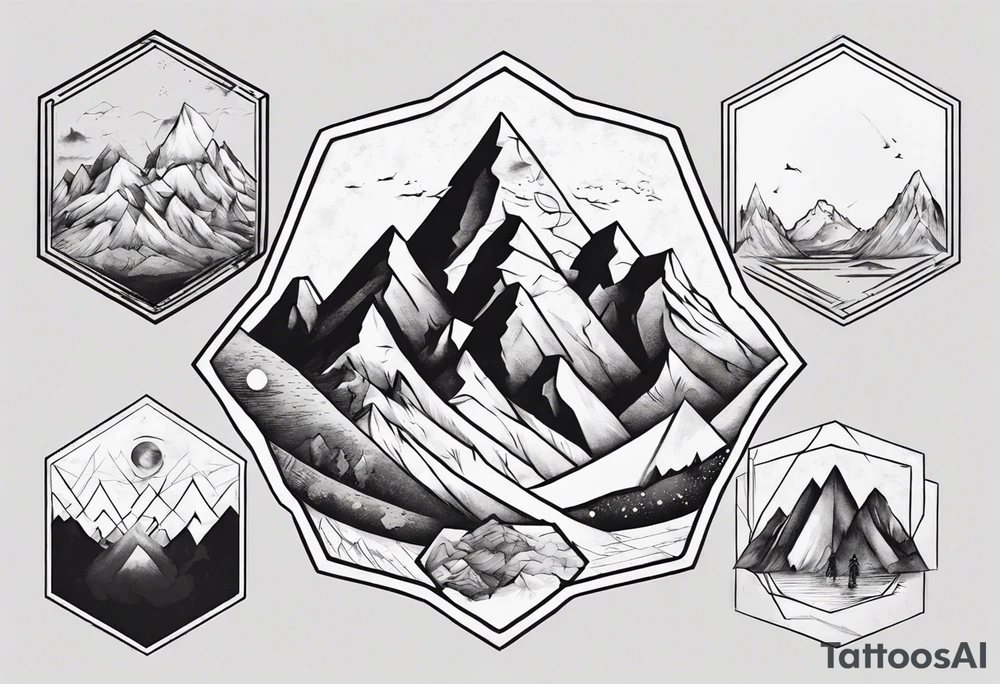 A hexagon with mountains extending beyond the boundary of the figure tattoo idea