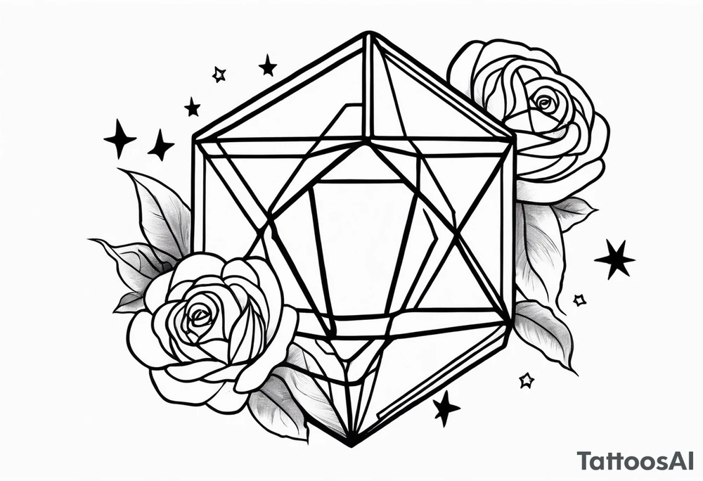 Tesseract with clouds small roses and stars around it tattoo idea