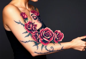 Nashika with roses surrounding with thorns tattoo idea