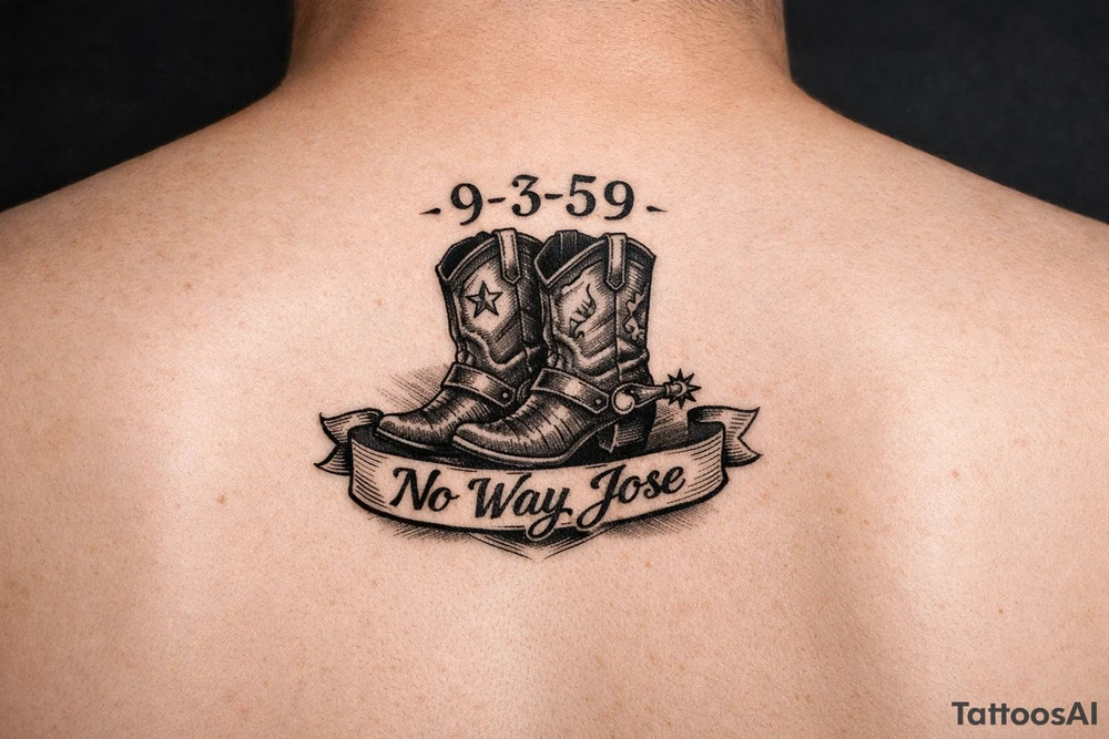 Can you do a minimalist neo, traditional Cow girl boots her birthday 9-3-59 and a banner that says no way Jose tattoo idea