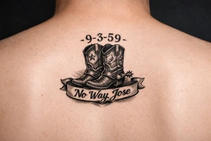 Can you do a minimalist neo, traditional Cow girl boots her birthday 9-3-59 and a banner that says no way Jose tattoo idea