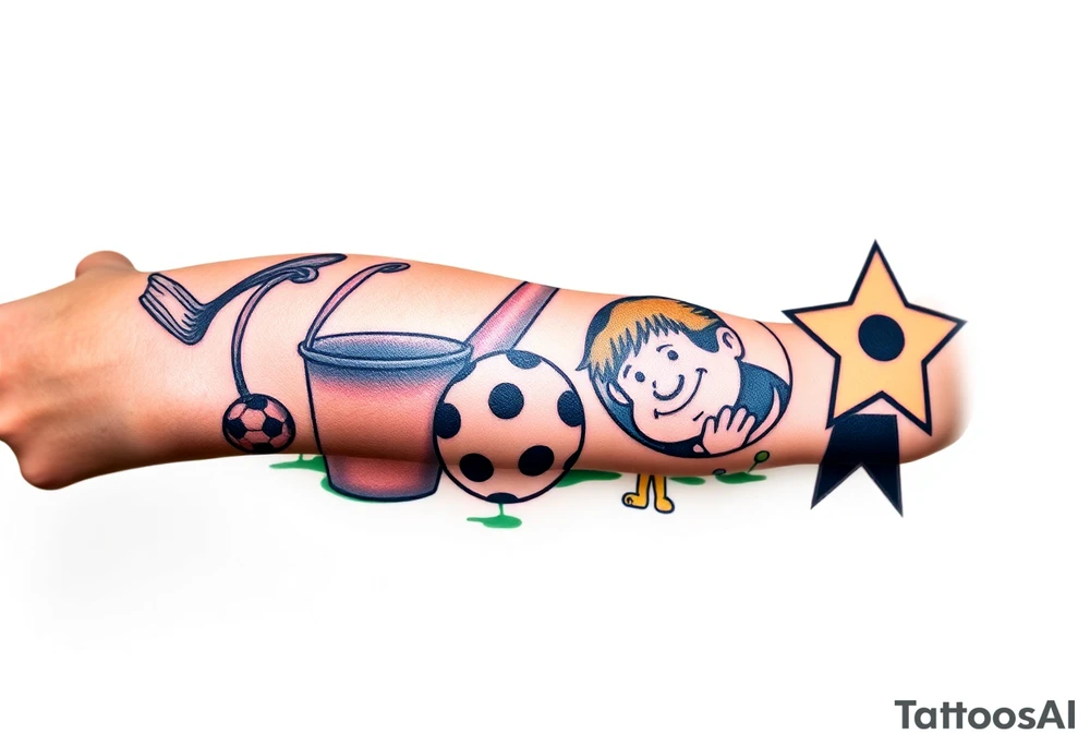 Childhood memories of a book, a bucket and spade, a football, a cricket bat, a cartoon of Dennis the Menace from the Beano comic, and the American Idiot symbol tattoo idea
