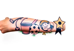 Childhood memories of a book, a bucket and spade, a football, a cricket bat, a cartoon of Dennis the Menace from the Beano comic, and the American Idiot symbol tattoo idea