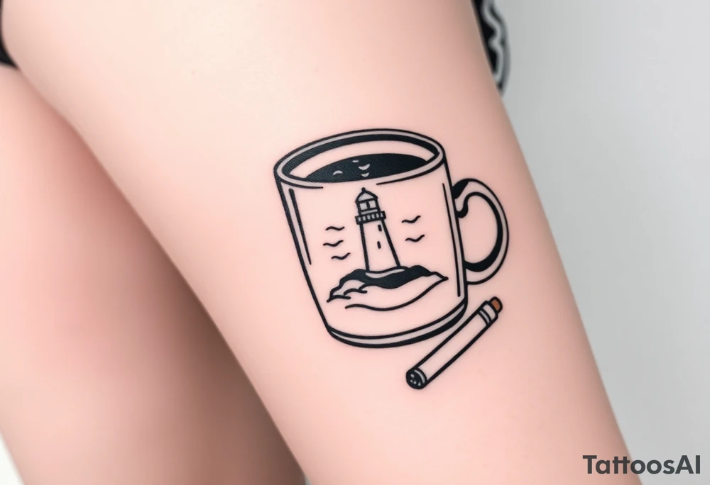 A mug of coffee
 with a picture of a 
 lighthouse on the the mug and a cigarette laying next to it tattoo idea