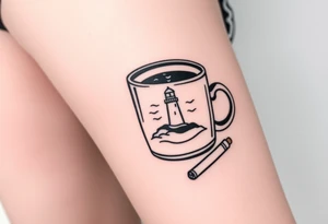 A mug of coffee
 with a picture of a 
 lighthouse on the the mug and a cigarette laying next to it tattoo idea