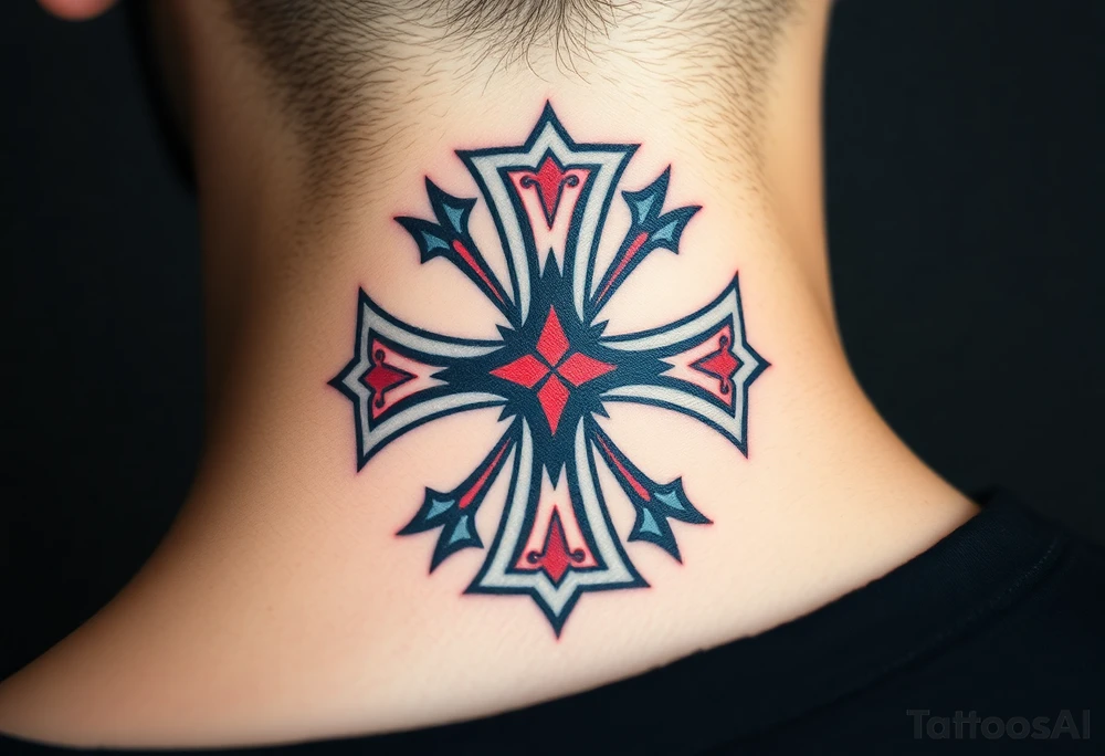A bold black and red Maltese cross with silver outlines, tattoo idea