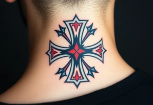 A bold black and red Maltese cross with silver outlines, tattoo idea