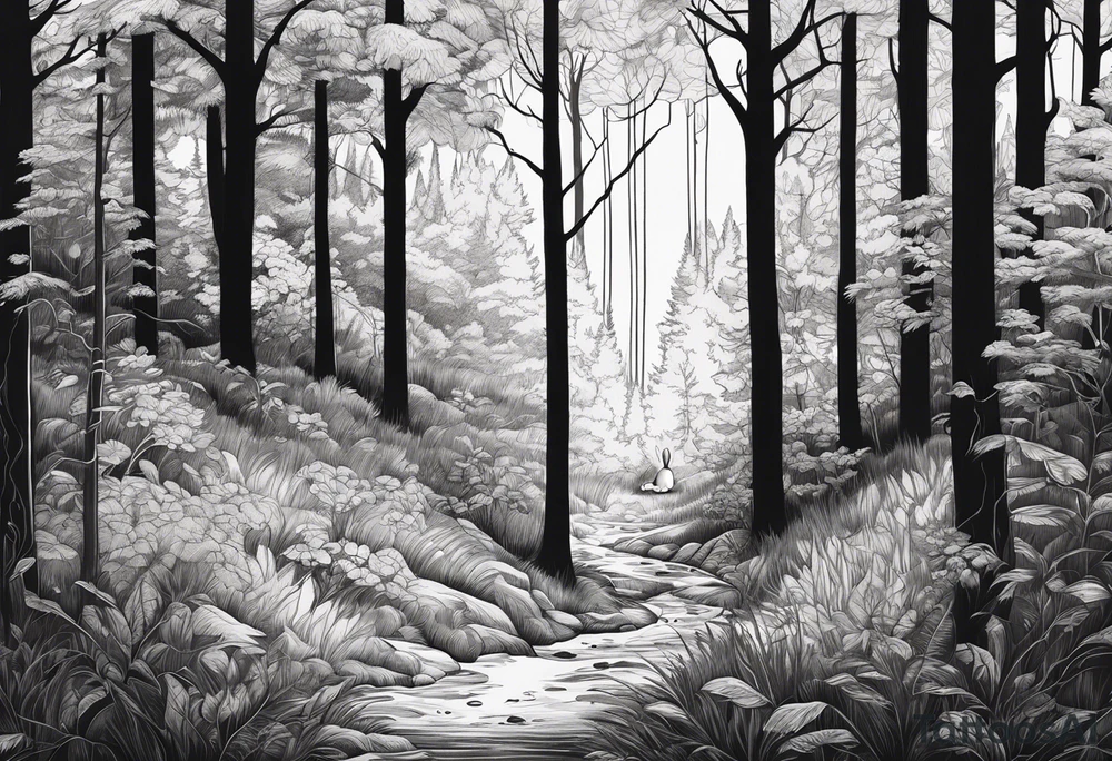 Dense forest with a rabbit between the trees tattoo idea