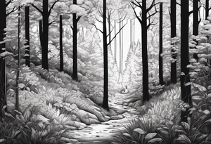 Dense forest with a rabbit between the trees tattoo idea
