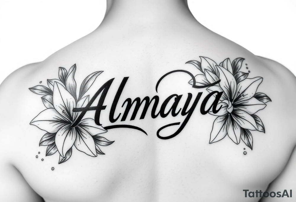 The name Almaya surrounded by Lilies. tattoo idea