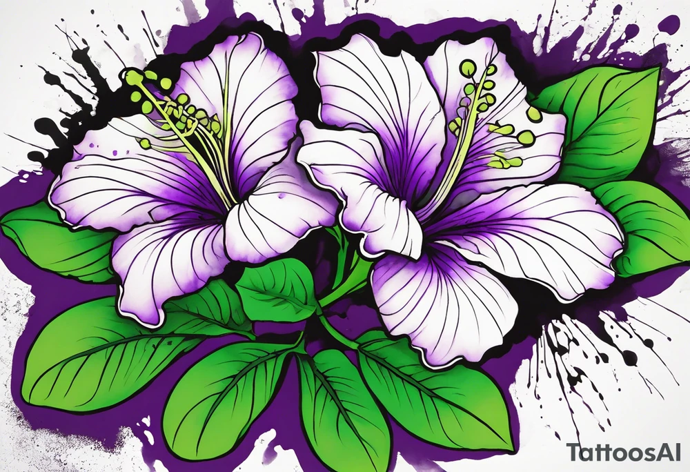 An outline of a green and purple rio dipladenia flower with a mystical green/purple watercolor splash in the background tattoo idea