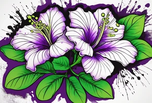 An outline of a green and purple rio dipladenia flower with a mystical green/purple watercolor splash in the background tattoo idea