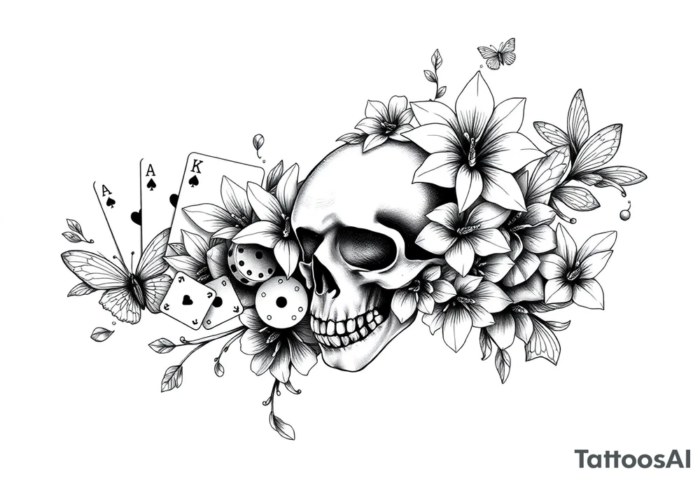 Casino only theme , poker chips deck of cards dice a skull with lily flowers
 with raindrop swirls and butterfly’s tattoo idea