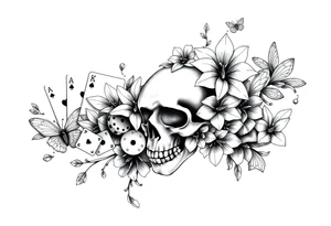 Casino only theme , poker chips deck of cards dice a skull with lily flowers
 with raindrop swirls and butterfly’s tattoo idea