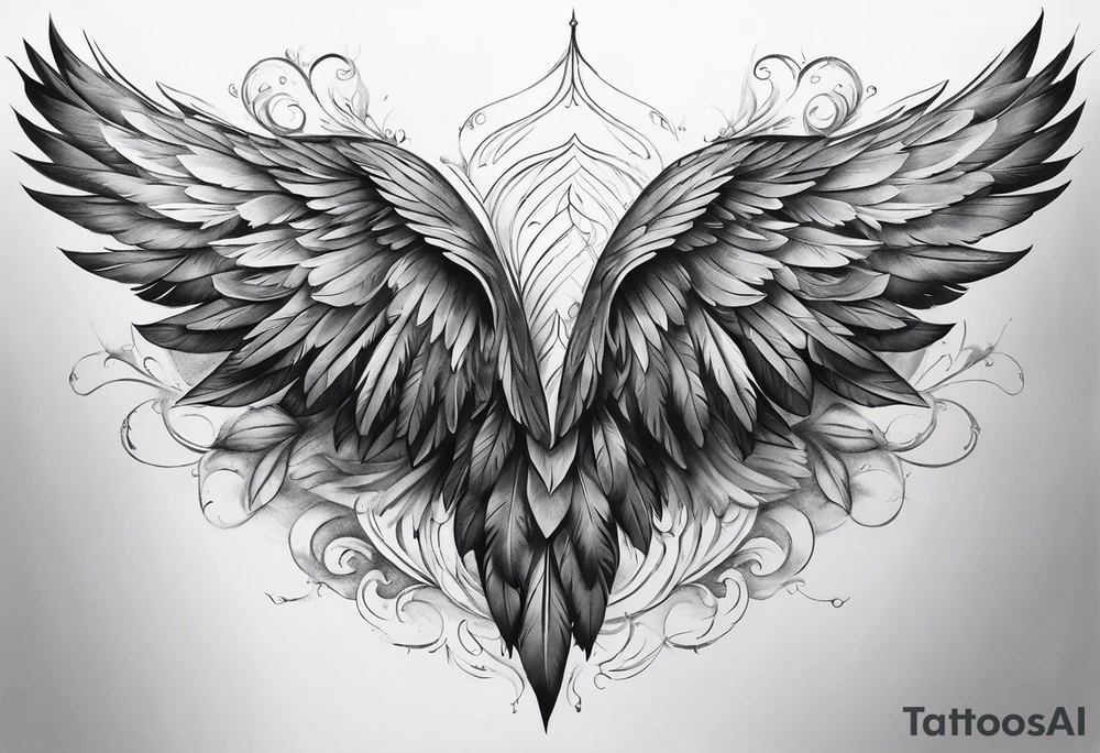 wings extending from a mens shoulders, covering the upper arms and upper back. The feathers are intricately detailed, with soft shading in black and gray to create depth and texture. The wings gently converge in the middle of the back, forming a harmonious and cohesive design. tattoo idea