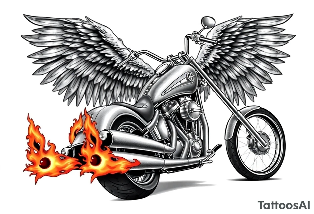 Low rider grey motorcycle, big muffler pipes with flames, angel wings, driving away, no person tattoo idea