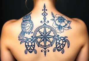 Full back owl on left shoulder flowers on right 3 turtles down spine use antique compass rose overlaid everywhere else tattoo idea