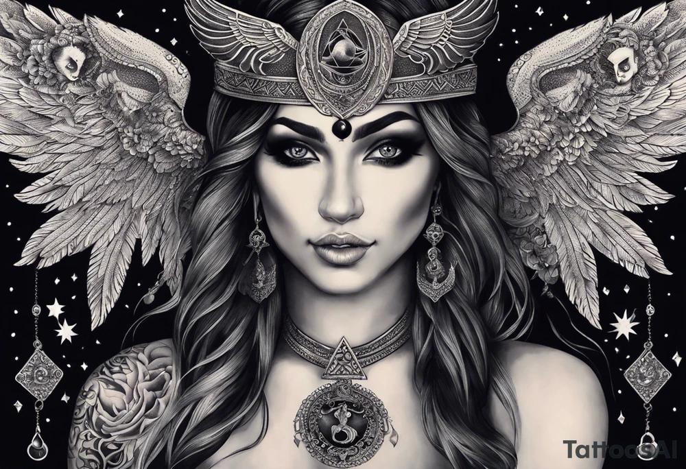 black kali, goddess pirate, alien, angel, pachamama, valkrye, warrior, flying, skull, lotus azul, wing, eagle, zenza resonance, stars, 5D, anahata chakra, death, durga, riding on a tiger, flying lady, chest tatoo tattoo idea
