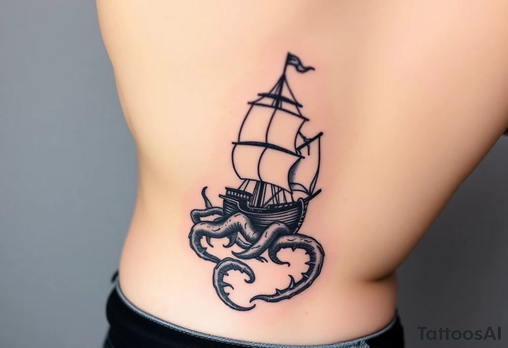 Vertical female side and hip tattoo pirate ship getting sunk by the kraken tattoo idea