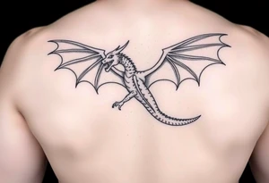 Dragon flying with outstretched wings, facing forward, with a long and slender body, the head slightly higher than the wings, and the tail curling out to one side tattoo idea