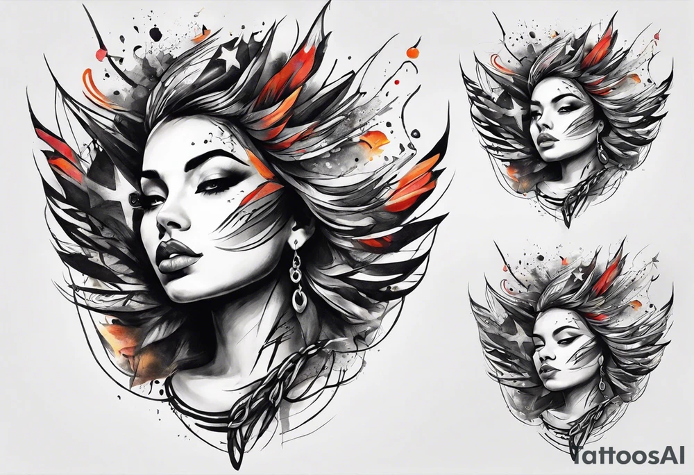 Wide tattoo that appears to be bursting out of the skin, symbolizing freedom. The tattoo should be vibrant and dynamic, with bold lines and colors that evoke a sense of liberation and empowerment. Consider incorporating elements such as broken chains, or other symbols of freedom. The tattoo should be visually striking and thought-provoking. tattoo idea