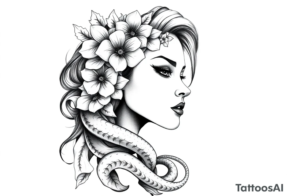 Powerful side profile woman’s face with flowers
And snakes tattoo idea