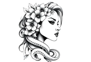 Powerful side profile woman’s face with flowers
And snakes tattoo idea