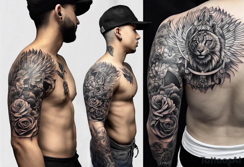 A tattoo that states pain and discipline to achieve your goals in life. it should be placed on the upper back and should express also catholic religion. love to animals tattoo idea