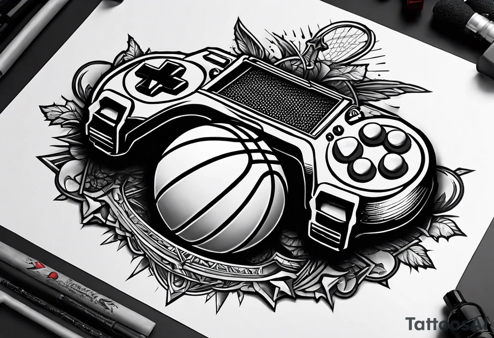A forearm tattoo that includes a basketball hoop and a cross and a video game controller tattoo idea