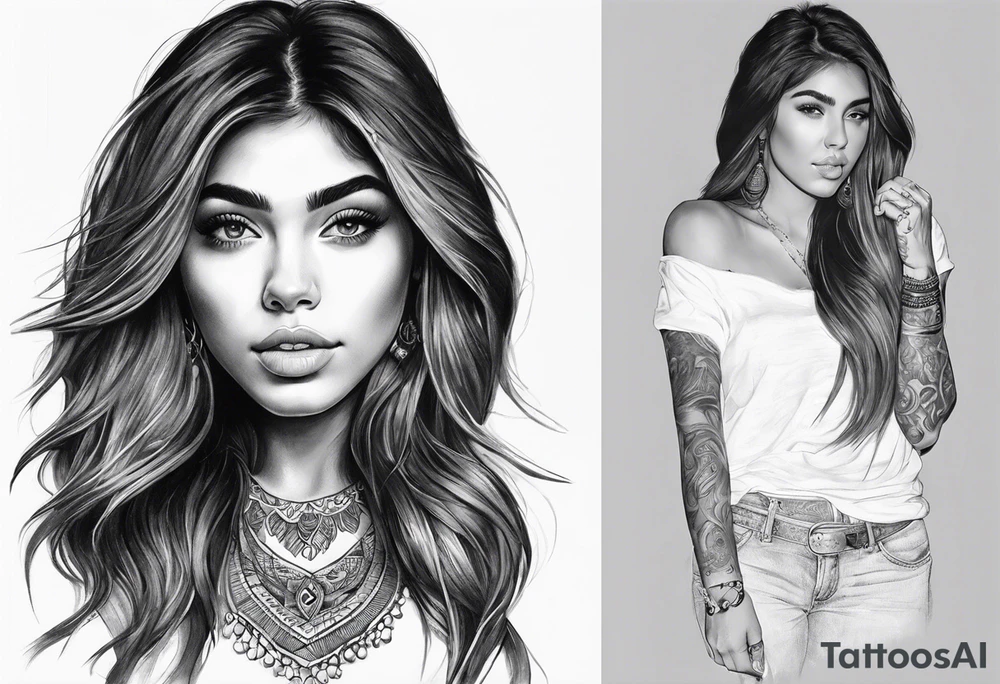 Indian girl tattoo, that looks like madison beer but not 1:1, for upper arm tattoo idea