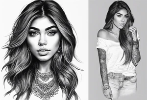 Indian girl tattoo, that looks like madison beer but not 1:1, for upper arm tattoo idea