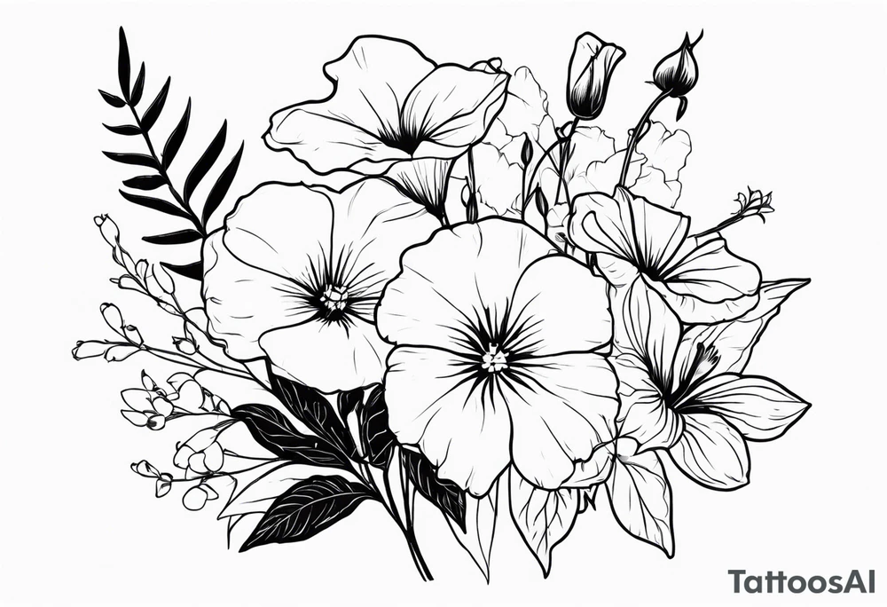 a flower bouquet including sweet pea, larkspur, morning glory and cosmos tattoo idea