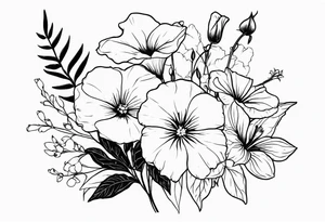 a flower bouquet including sweet pea, larkspur, morning glory and cosmos tattoo idea