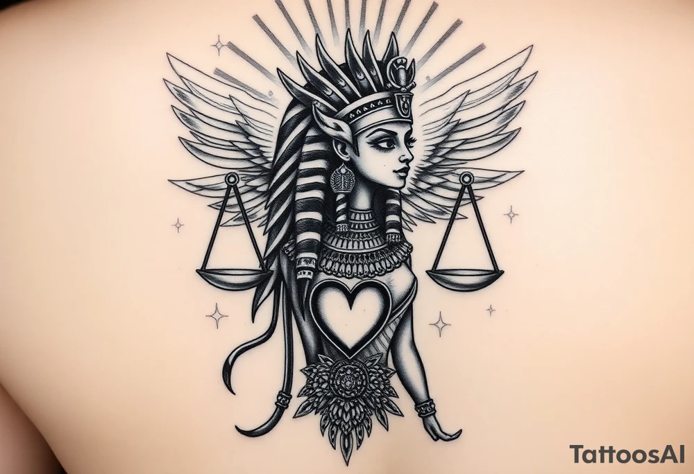 “Super realistic black and grey tattoo of the Egyptian goddess Ma’at, depicted as a regal woman with an ostrich feather headdress, intense glowing eyes, and intricate ancient Egyptian jewelry. She stands or floats amidst swirling cosmic energy and beams of light, with subtle hieroglyphics and pyramids in the background. Incorporate the Scales of Justice—one side holding a heart, the other Ma’at’s feather—glowing with ethereal energy. Emphasize dramatic lighting, deep shadows, and surreal, mystical atmosphere to match a sleeve with Anubis and cosmic motifs. Design should flow with existing sleeve art, using soft transitions and layered textures. tattoo idea